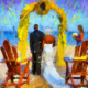 an-impressionist-painting-of-a-beach-wedding-with-black-bride-and-groom-under-rustic-archway-with-officiant-and-white-chair-with-yellow-sashes.