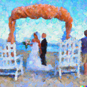 an-impressionist-painting-of-a-beach-wedding-with-bride-and-groom-under-rustic-archway-with-officiant-and-white-chair-with-peach-sashes-florida-beach-weddings
