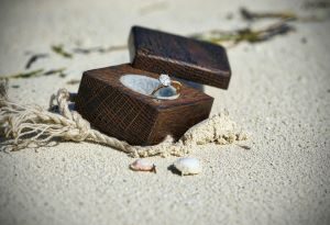 Photo of wedding rings on beach